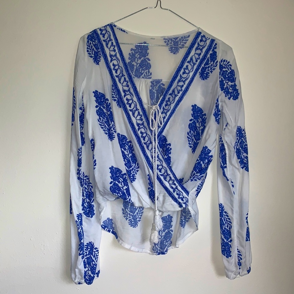 White Blue Hi-Low Wrap Surplice Front - Size S